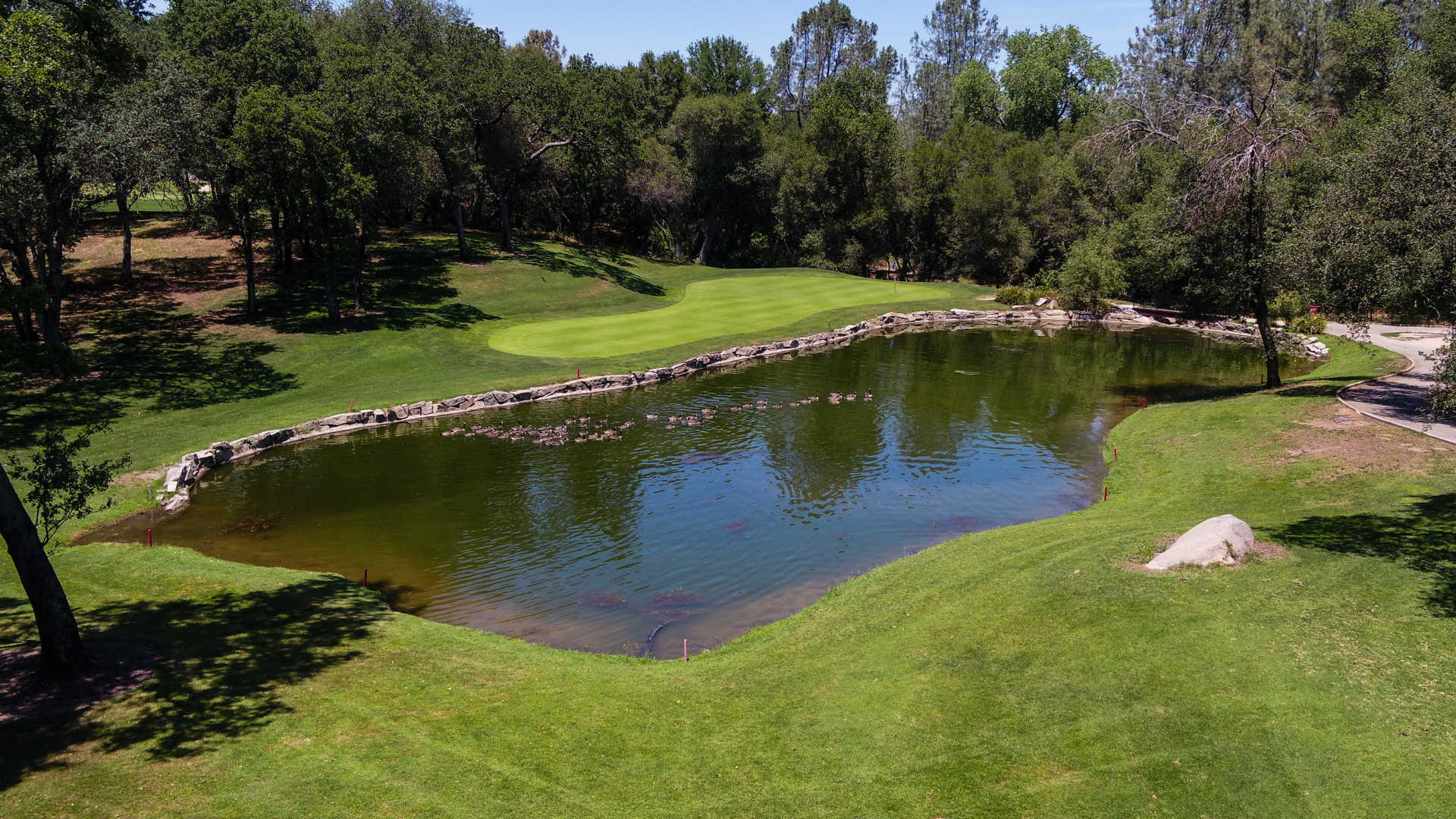 View of golf course with pond